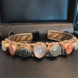 Vintage bracelet copper brass bracelet with cabochon natural‎ stones